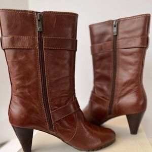 Anne Klein Spyder Mid-Calf Boots Heels Cognac Leather Size 8